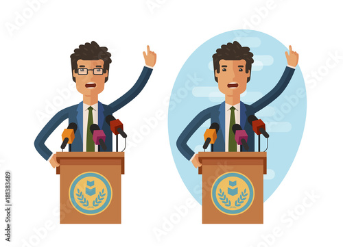 Public statement. Orator speak from tribune. Vector flat illustration
