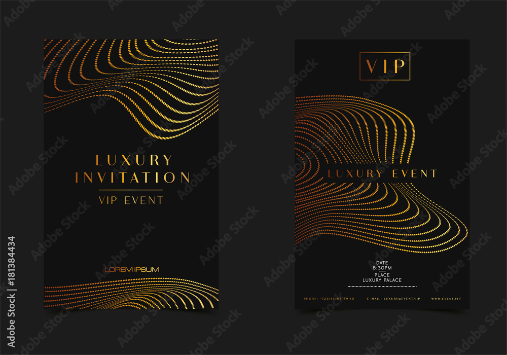 Black Gold Luxury Invitation for VIP event. Elegant Greeting Card with Royal golden dots pattern. Template Good for Foil stamping