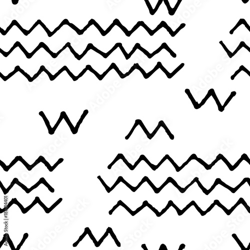 Black and white doodle seamless vector pattern. Scribbled zigzag print