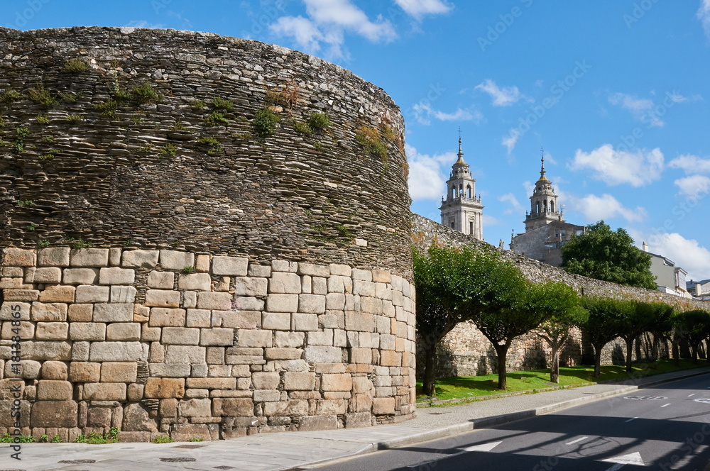 The Roman wall and the towers of the cathedral of Lugo (Galicia, Spain)