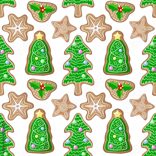 Christmas tree and holly jolly gingerbread figurines vector pattern. Christmas gingerbread seamless pattern
