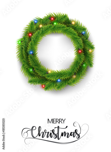 Merry christmas realistic wreath with christmas color light isolate on white background. Vector illustration.
