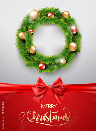 Merry Christmas realistic wreath with christmas gold and red balls toy and red ribbon. Vector.