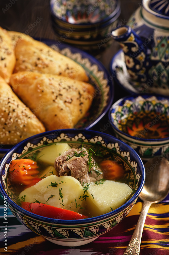 Soup with lamb and vegetables, oriental uzbek style cuisine. Soup with lamb and vegetables, oriental uzbek style cuisine.