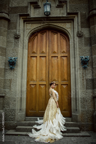 Beautiful sexy woman is wearing princess dress with feathers in the magic castle near wooden door © _chupacabra_