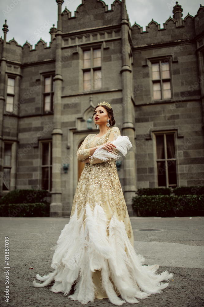 Beautiful sexy woman is wearing princess dress with feathers staying infront of castle Beautiful sexy woman is wearing princess dress with feathers staying infront of castle