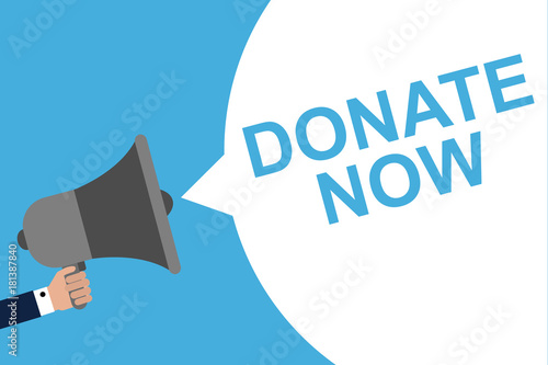 Hand Holding Megaphone With Speech Bubble DONATE NOW. Announcement. Vector illustration