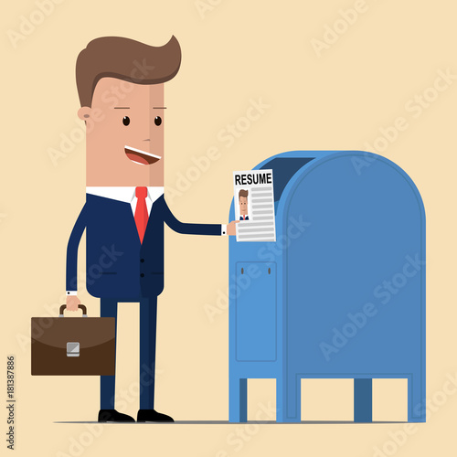 Businessman sends the resume by mail, to get a new job. Vector illustration