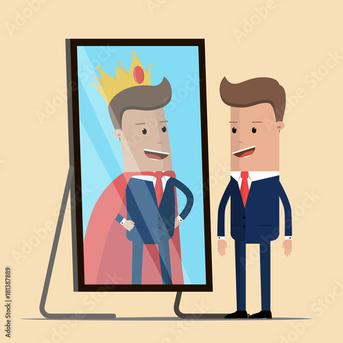 Businessman standing in front of mirror see his successful reflection. Vector Illustration