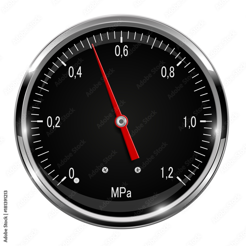 Manometer. Round black gauge with metal frame Manometer. Round black gauge with metal frame