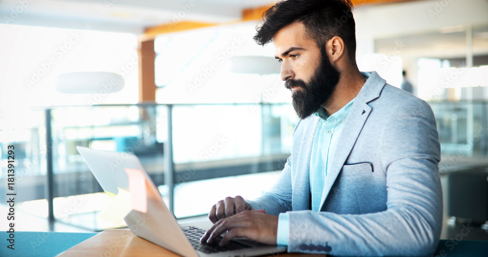 Professional handsome businessman using laptop at workplace Professional handsome businessman using laptop at workplace