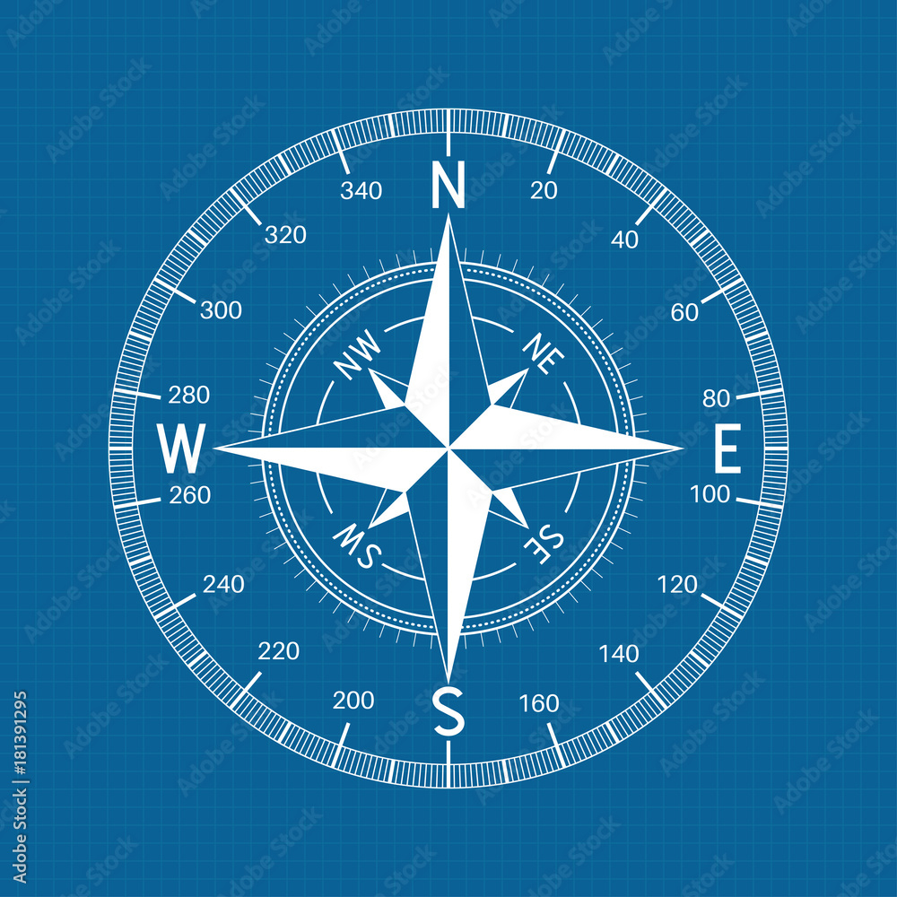Compass. White drawing on blueprint background Compass. White drawing on blueprint background