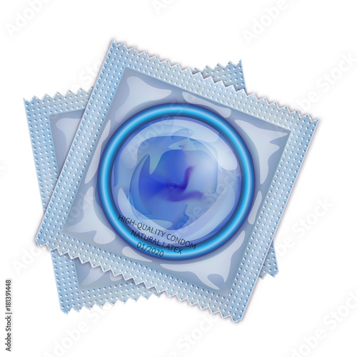 Packaging with a condom. Set of latex condoms in package.