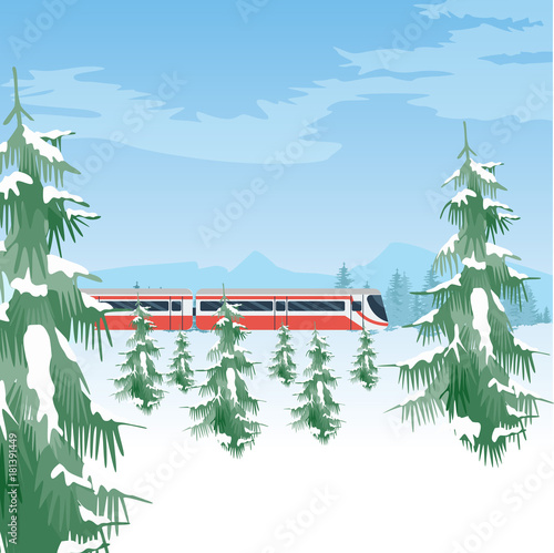 Snowy landscape with train. Winter forest and sky. Beautiful natural background with trees covered with snow