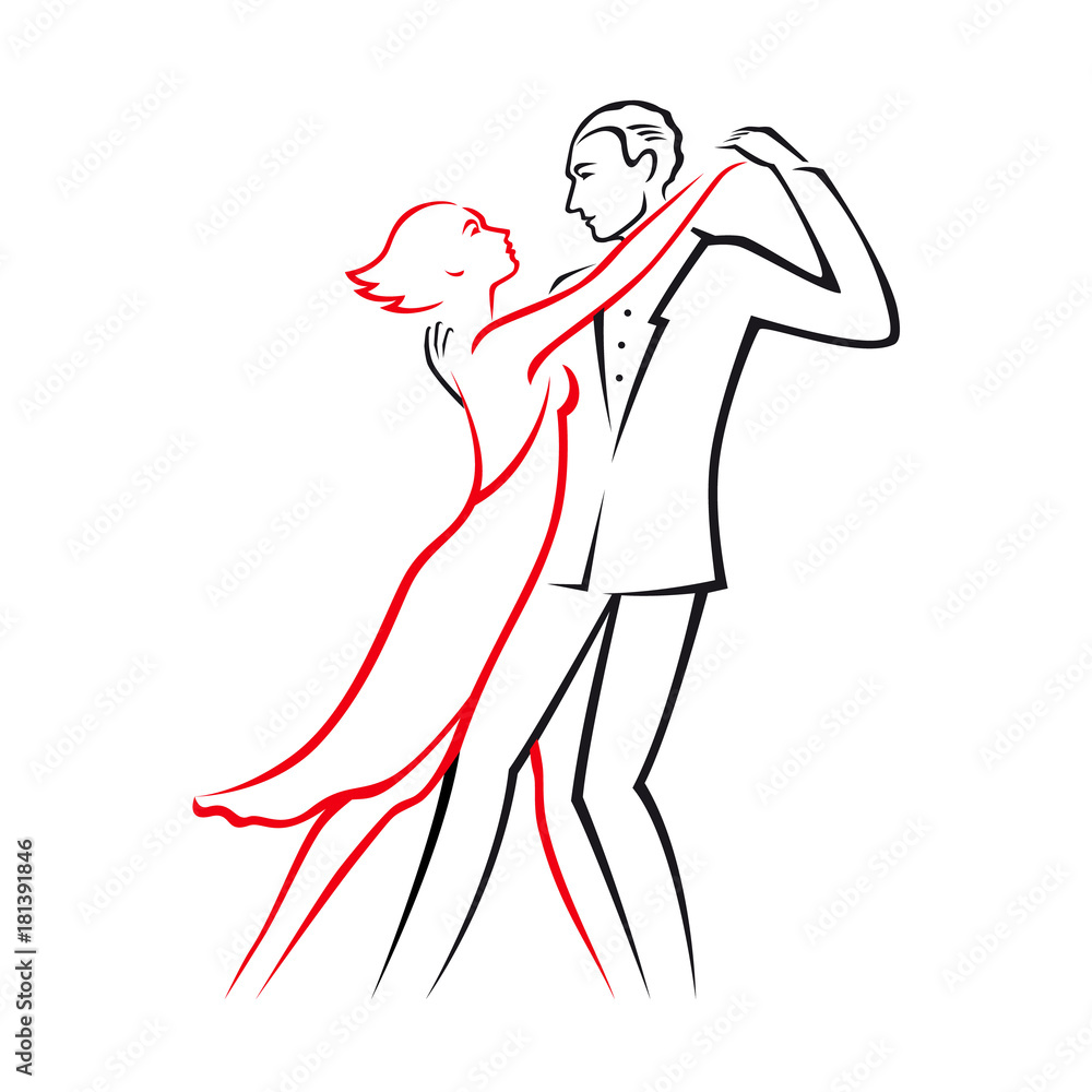 Graphic color linear drawing or logo, where a passionate couple in love,  cartoon man and woman, dance tango. Luxury vector illustration, isolated on  white background. Stock Vector | Adobe Stock