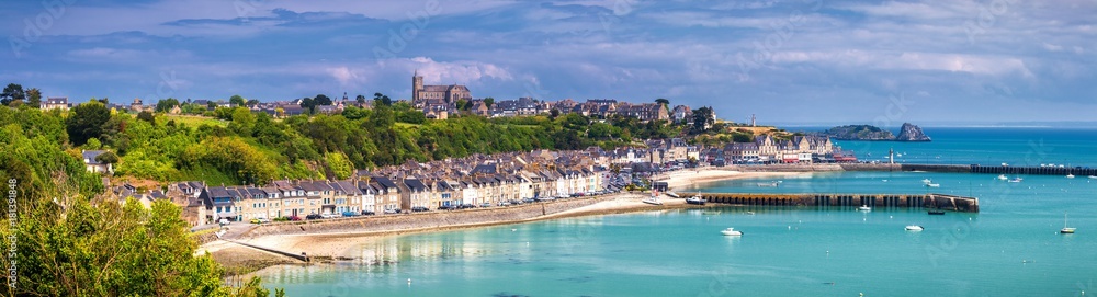 Panoramic view of Cancale, located on the coast of the Atlantic Ocean on the Baie du Mont Saint Michel, in the Brittany region of Western France