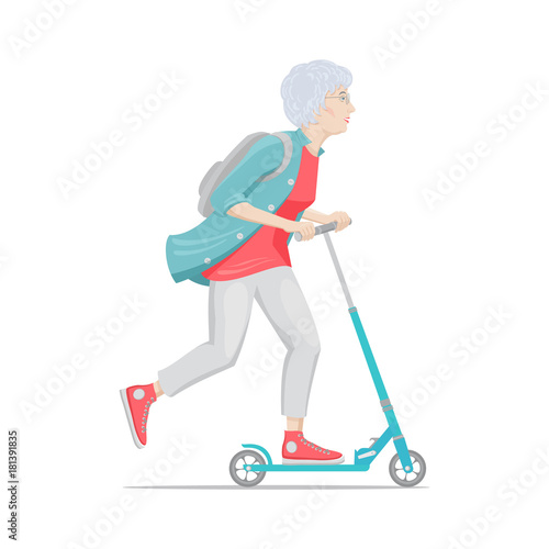A colorful cartoon drawing, elderly fashionable, sports woman is riding a scooter. Vector illustration, isolated on background.