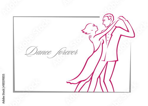 Graphic color linear drawing or logo, where a passionate couple in love, cartoon man and woman, dance in frame. Luxury vector illustration, isolated on white background.