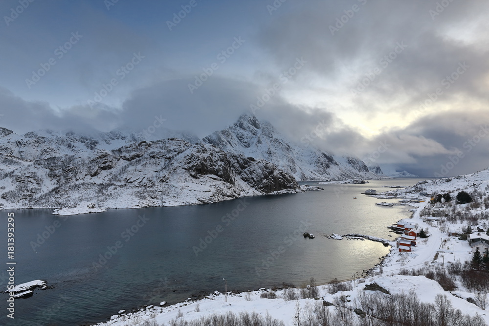 Fototapeta premium SW.-wards view over Maervollspollen of Steinsfjorden to Himmeltindan-Nordtinden-Nonshammaren mounts. Vestvagoya-Lofoten-Norway.0572