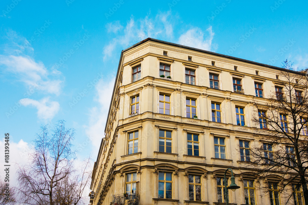 beautiful corner building at friedrichshain with colorful sky