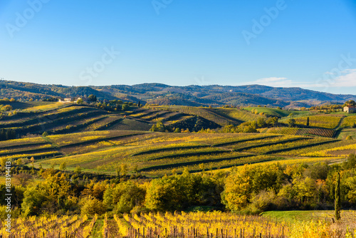 Tuscany landscape at sunset in autumn. Chianti wine region, Italy.