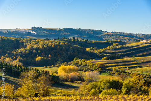 Tuscany landscape at sunset in autumn. Chianti wine region  Italy.