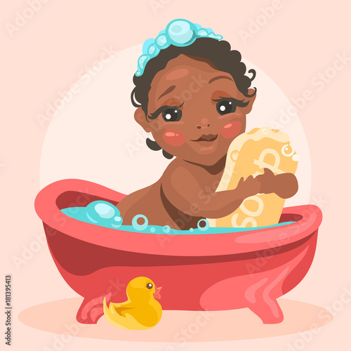 Adorable, cute baby in the bathtub with bubbles hugs the soap bar. Face with funny expression. Black (african american) baby girl, child, kid. Bath time illustration with gummy duck. Cartoon, flat