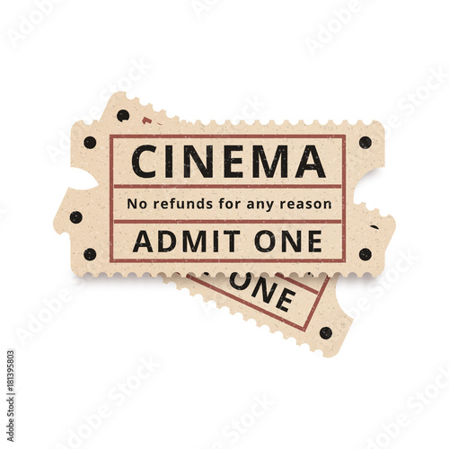 Two vintage tickets to the cinema on a white background. Vector illustration