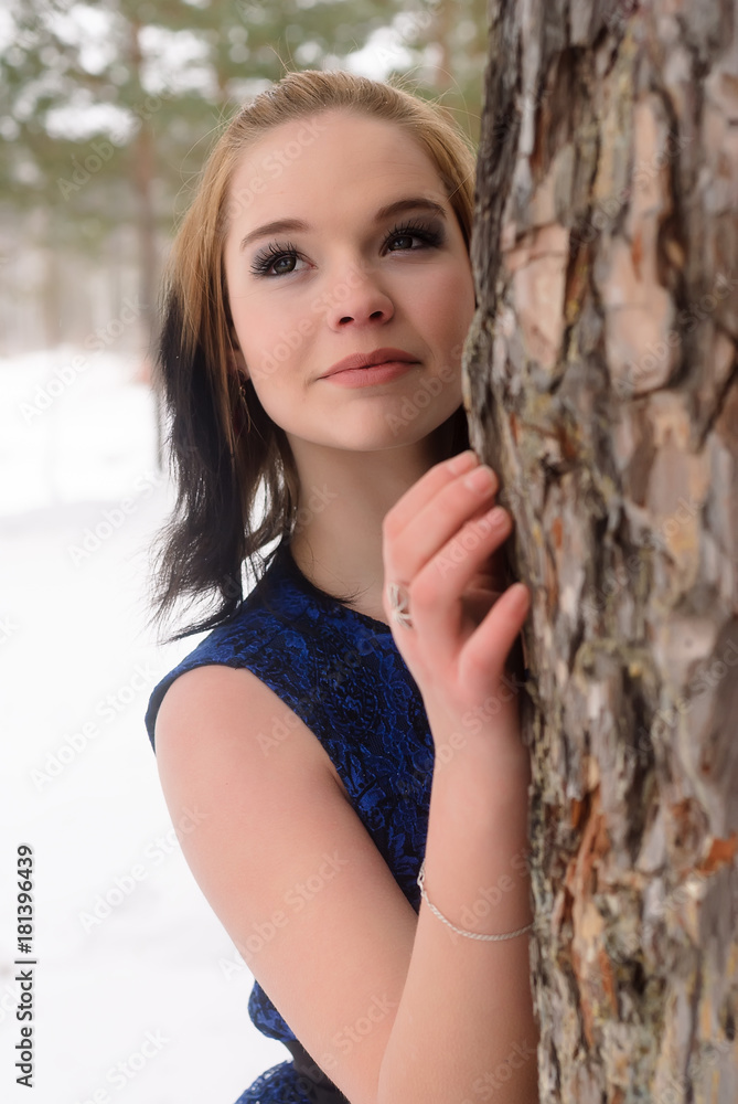 Elegant young fashion woman in snow frost winter forest Elegant young fashion woman in snow frost winter forest