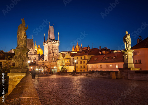 Night view from Charles bridge. St. Vitus Cathedral, Prague, Czech republic.