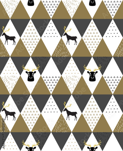Reindeer geometric trendy seamless pattern with animal silhouette, winter holidays scandinavian minimal pattern, invitation vector background
