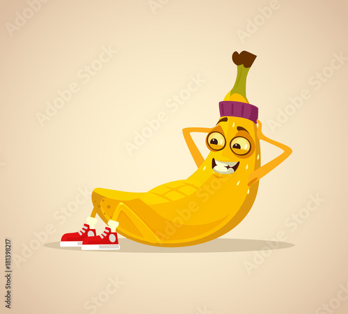 Happy smiling sport banana character work out abs. Vector cartoon illustration 