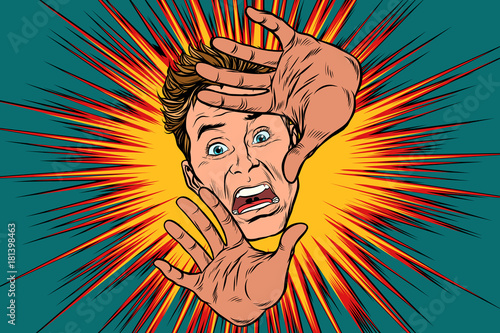 Scared man covered with hands