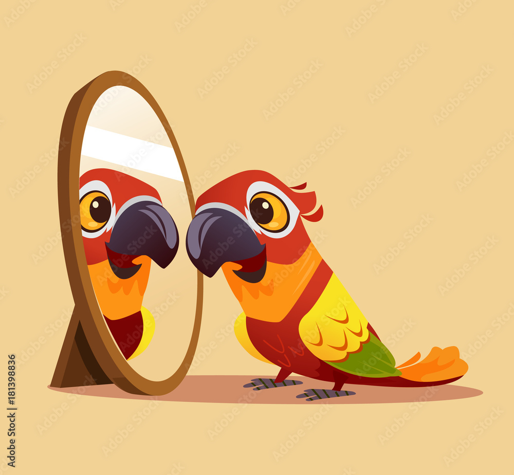 Obraz premium Surprised curious parrot character looking at mirror. Vector cartoon illustration