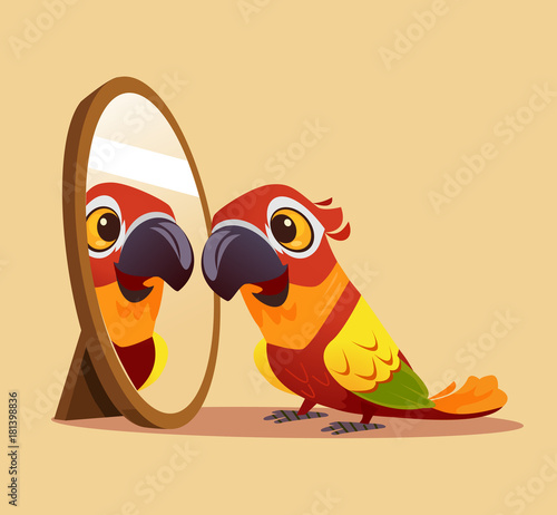 Surprised curious parrot character looking at mirror. Vector cartoon illustration