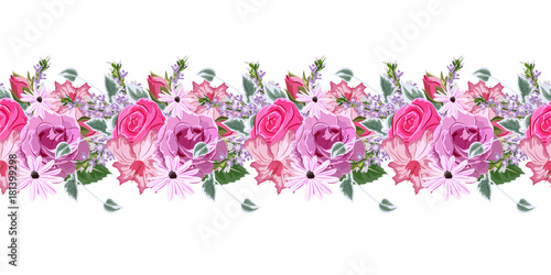 Seamless floral border with beautiful roses. Hand-drawn pattern on white background. Design element for cards, invitations, wedding, congratulations. Panoramic format.