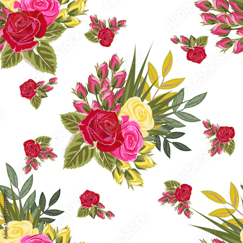 Fototapeta Naklejka Na Ścianę i Meble -  Seamless pattern with beautiful roses. Hand-drawn floral background for printing on fabric, clothing, home textiles, wallpaper, gift wrapping. Bright festive design.