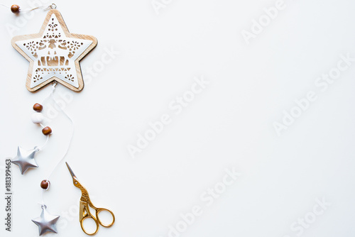 Christmas decorations on white background. New Year frame with free copy space. Flat lay, top view