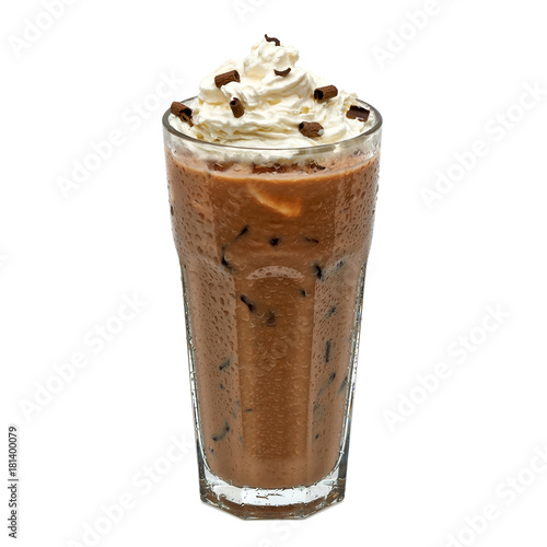 Iced coffee mocha in glass with cream isolated on white background including clipping path