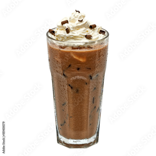 Fényképezés Iced coffee mocha in glass with cream isolated on white background including cli