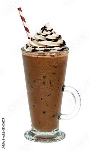 Iced coffee with chocolate sauce vanilla cream on white background including clipping path