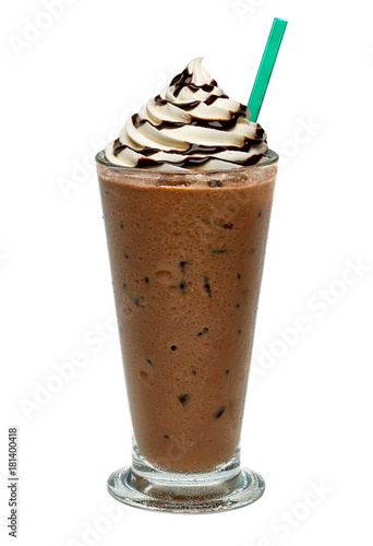 Frappuccino with cream and sauce on white background