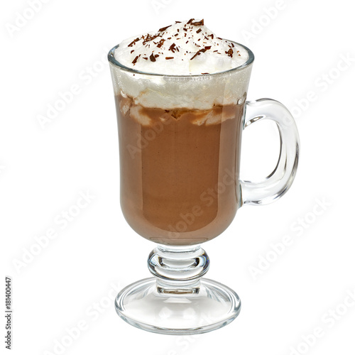 Latte with cream in irish coffee mug on white background included clipping path