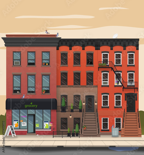 Illustration of a city landscape with townhouses. Brooklyn street view. Flat art style. Housing, real estate market, architecture design, property investment concept banner.