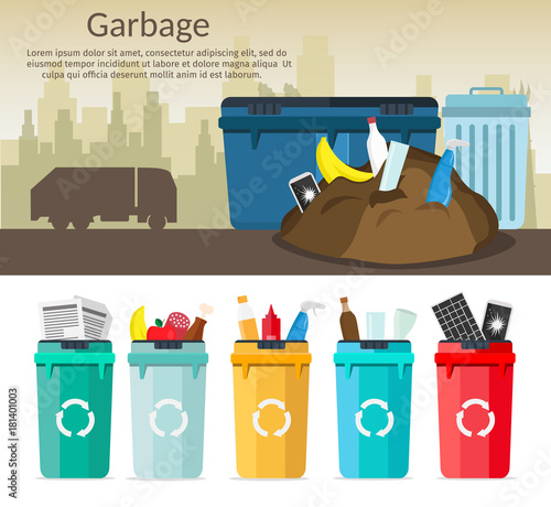 Big set of Garbage sorting bins infographic recycling concept ship the trash Ecology city flat background