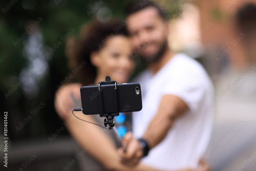 Happy traveling couple making selfie, romantic mood.