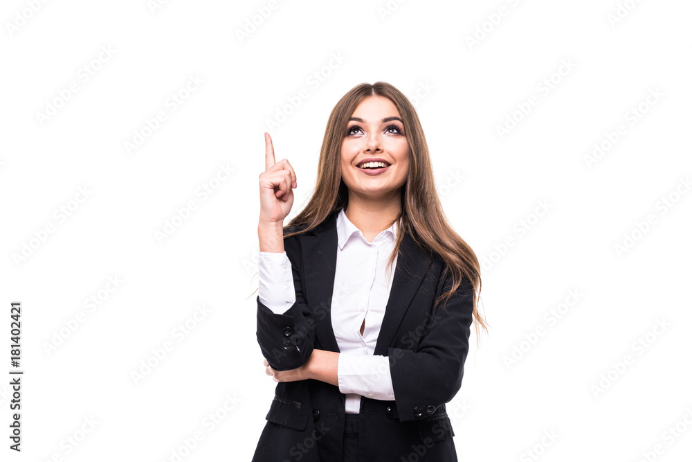 Portrait of young business woman pointing at white background Portrait of young business woman pointing at white background