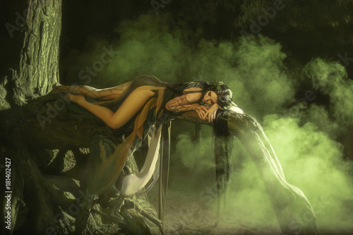 A fabulous, forest nymph with long hair lies and sleeps on a tree branch. Background dark night and fog. Mythical character of Gian photo