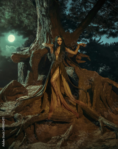 Canvas-taulu A fabulous, forest nymph with long hair lies on a tree branch with an aggressive look
