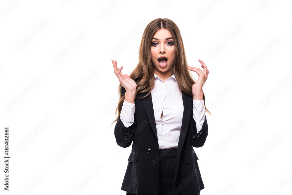 Beautiful businesswoman smiling with open mouth and open palms Beautiful businesswoman smiling with open mouth and open palms